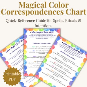 Op de afbeelding: Een afdrukbare PDF met een "Magische Kleuren Correspondentiekaart" voor spreuken, rituelen en intenties. De kaart bevat een "Color Magic Cheat Sheet" met kleuren betekenissen en toepassingen, zoals groen voor geld en blauw voor vrede.