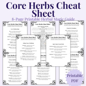 May include: A printable PDF guide titled "Core Herbs Cheat Sheet" with an 8-page layout. The guide features various sections on herbs, including love, healing, prosperity, and spiritual work, with decorative corner accents.