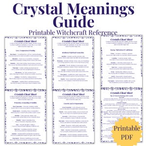 Op de afbeelding: Een afdrukbare PDF-gids getiteld "Crystal Meanings Guide" met de ondertitel "Printable Witchcraft Reference". De gids bevat verschillende "Crystals Cheat Sheet" secties, die elk kristalbetekenissen en -gebruiken beschrijven. De gids is bedoeld voor diegenen die geïnteresseerd zijn in kristal genezing.