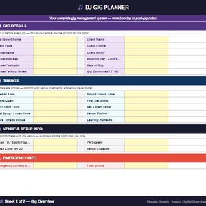 May include: A digital DJ gig planner template in purple and blue. The template is divided into sections for gig details, timings, venue and setup information, and emergency contacts. Text includes "DJ GIG PLANNER" and "Google Sheets - Instant Digital Download."
