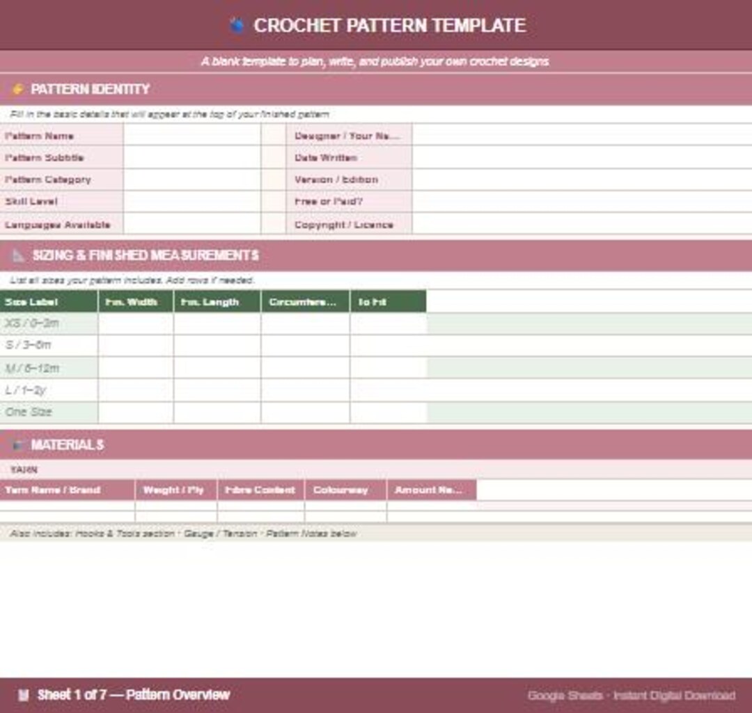 Crochet Pattern Design Template – Google Sheets, Stitch Chart, Yarn ...