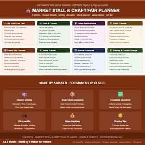 Könnte beinhalten: Ein digitaler Marktstand- und Handwerksmessenplaner mit Abschnitten für Kosten, Verkauf und Veranstaltungsanmeldungen. Enthält Google Sheets, einen Preiskalkulator und einen Lagerplaner. Der Text auf dem Bild lautet "Market Stall & Craft Fair Planner."