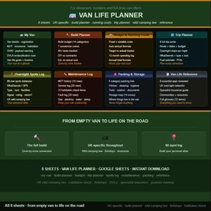 May include: A green and black digital Van Life Planner with various sections for planning a van build, budget, trip, and maintenance. Includes sections for overnight spots, packing, and UK-specific information. The planner is designed for Google Sheets and offers instant download.
