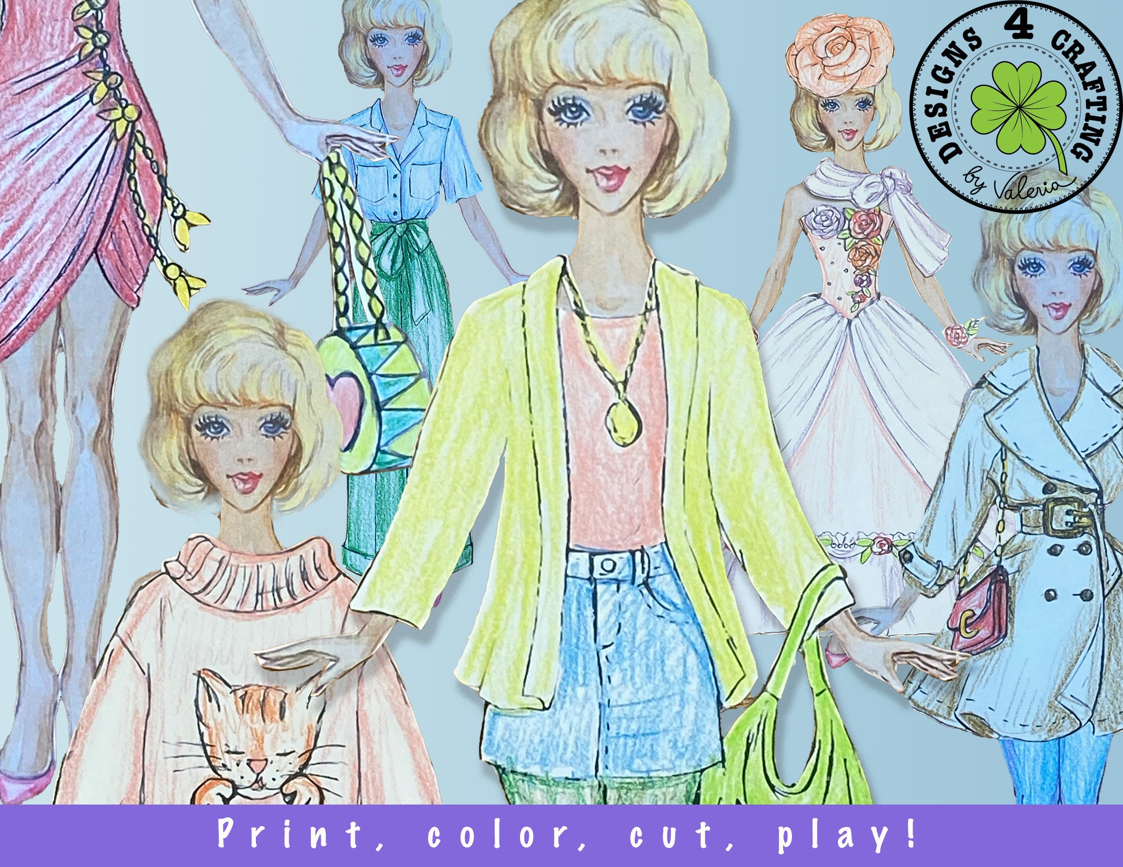 Paper Doll Coloring Pages PDF, Paper Doll in Color, Dress-up to Color