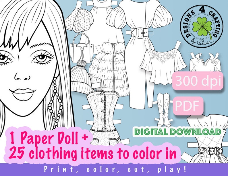 Paper Doll Coloring Pages PDF, Home Activity for Kids and Adults, Girls Crafts, Digital Download ...