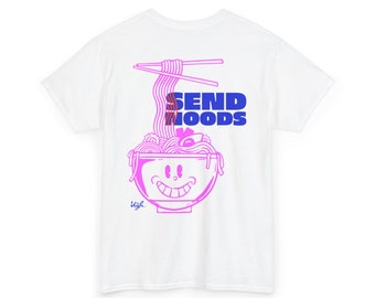 Custom Design Send Noods, Gildan 5000 funky grafisch t-shirt, retro mascottestijl ramen print T-shirt, grappige aanstootgevende citaatwoordspeling, unisex tshirt