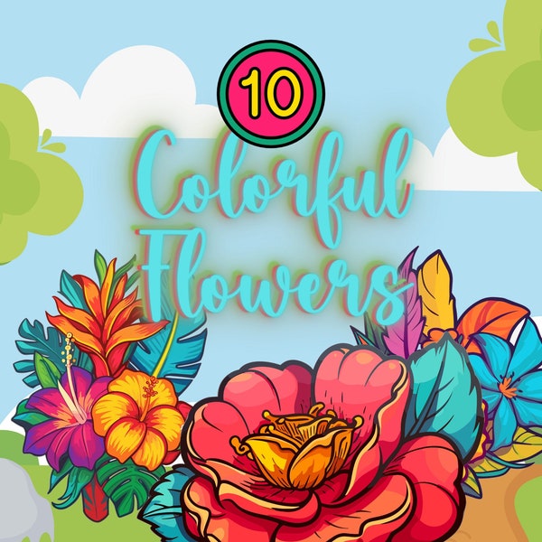 Vibrant Floral Delights: 10 Colorful Flowers SVG/PNG Files for Printing, Stickers, and Crafts