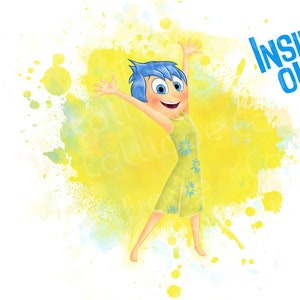 May include: A cartoon character with blue hair and a yellow dress is jumping in the air with her arms raised. The background is a yellow watercolor splatter with the words "INSIDE OUT" in blue text.