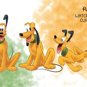 Puede incluir: Tres ilustraciones de acuarela de Pluto, el perro de Disney. Pluto está representado en tres poses diferentes: sentado, mirando a la derecha, sentado mirando a la izquierda y corriendo. El fondo es una acuarela de verde y naranja.