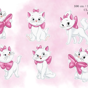 May include: Six digital illustrations of a white cat with pink bows. The cat is in different poses, including sitting, standing, and holding a bow. The background is a light pink.