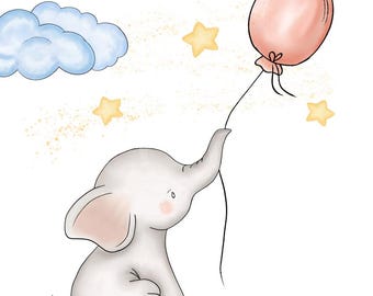 Watercolor Baby Elephant Clipart, Balloons, Clouds (PNG Digital Download)