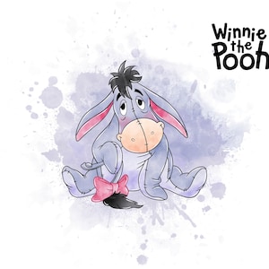 May include: A watercolour illustration of Eeyore, the donkey from Winnie the Pooh, sitting with a pink bow on his tail. The background is a light purple watercolour wash with white splatter paint.