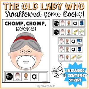 May include: A colorful educational resource titled "THE OLD LADY WHO Swallowed some Books!" features a cartoon illustration of an old lady with a cut-out mouth. The image includes sentence strips and the text "CHOMP, CHOMP, BOOKS!" and "INCLUDES 12 SENTENCE STRIPS".