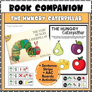 Op de afbeelding: Een kleurrijke educatieve bron met de boekomslag van "The Very Hungry Caterpillar", voedselillustraties en zinnenstrips. De afbeelding bevat de tekst "Book Companion" en "The Hungry Caterpillar".