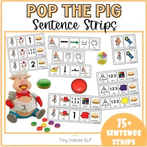 Peut inclure: Ensemble éducatif "POP THE PIG Sentence Strips" avec une figurine de cochon, des bandes de phrases et des accessoires colorés. L'ensemble comprend des bandes de phrases avec des chiffres, des couleurs et des images. Le texte "75+ Sentence Strips" est également visible.