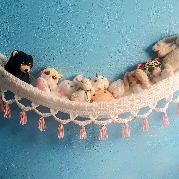 Custom Crochet Toy Hammock for a Flat Wall with Wooden Beads and Fringe, Wood Circles and Hanging Hooks Included - Flat Wall Crochet Hammock