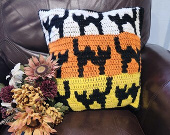 Candy Corn Cats Crochet Pillow Pattern, Halloween Mosaic (PDF Pattern)