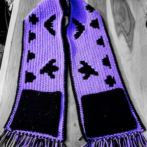 May include: A purple and black crocheted scarf with black fringe. The scarf has a geometric pattern with black accents.