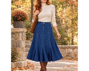 Lizwear Vintage Denim Midi Skirt Flared A-Line High Waisted Blue Made in USA 12