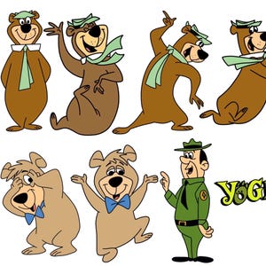 Puede incluir: Una colección de imágenes de dibujos animados con el Oso Yogui en varias poses. El Oso Yogui es marrón con un sombrero y bufanda verdes, y un cuello blanco. La imagen también incluye un guardabosques y las palabras "Yogi Bear".