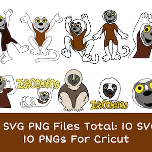 May include: A collection of cartoon lemur illustrations in various poses, with brown and white bodies and yellow eyes. The text "Zoboomafoo" appears in yellow. The image also includes the text "20 SVG PNG Files Total: 10 SVGs, 10 PNGs For Cricut."