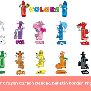 Puede incluir: Una colorida ilustración con crayones de dibujos animados que representan diferentes colores. Cada crayón tiene un diseño único y está etiquetado con su color correspondiente, como rojo, azul y verde. La palabra "COLORS" se muestra en la parte superior. "Color Crayon Carson Dellosa Bulletin Border Png Set".