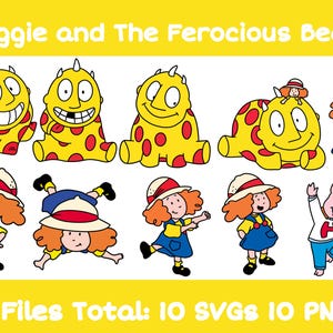 Può includere: Illustrazioni di cartoni animati di "Maggie e la Bestia Ferox". L'immagine mostra creature gialle con pois rossi, una ragazza con un vestito e un cappello blu e un maiale. Il testo in alto recita "Maggie e la Bestia Ferox."