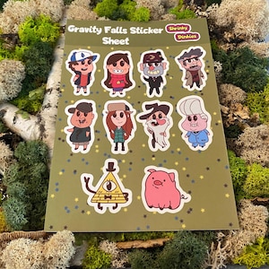 Gravity Falls klistermärkesark - För bärbara datorer, dagböcker och vattenflaskor: Mabel, Dipper, Stan, Bill, Soos, Wendy, Waddles