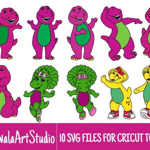 Puede incluir: Una colección de diez ilustraciones de dinosaurios de dibujos animados en varias poses. Los dinosaurios son principalmente morados, verdes y amarillos, con fondos blancos. La imagen incluye el texto "KlowalaArtStudio 10 SVG FILES FOR CRICUT TOTAL".