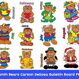 May include: A colorful illustration of twelve cartoon bears, each representing a month of the year. The bears are dressed in seasonal outfits, such as a Santa suit for December and a swimsuit for June. The text "12 Month Bears Carson Dellosa Bulletin Board PNGs" is at the bottom.