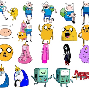 May include: A collection of colorful cartoon character illustrations from the animated series Adventure Time. The characters include Finn, Jake, Princess Bubblegum, Ice King, BMO, and others, in various poses and expressions. The Adventure Time logo is also included.
