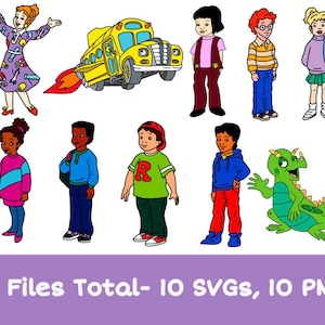 Può includere: Illustrazioni di cartoni animati con personaggi e un autobus scolastico giallo con fiamme. I personaggi includono una donna in abito viola, bambini e un drago verde. Il testo in basso recita "20 file totali - 10 SVG, 10 PNG."