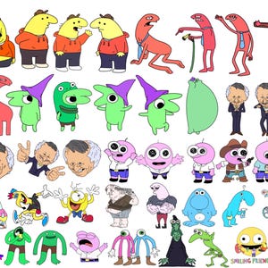 Puede incluir: Una colección de personajes de dibujos animados coloridos en varias poses. Los personajes tienen características distintas, incluyendo diferentes tonos de piel, ropa y accesorios. Algunos personajes llevan sombreros, mientras que otros sostienen objetos. El estilo general es caprichoso y juguetón.
