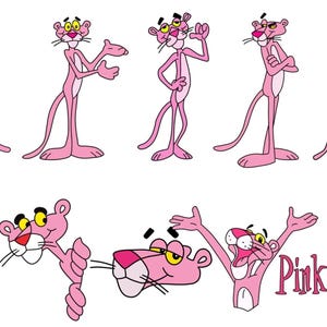 Puede incluir: Una colección de imágenes de dibujos animados de la Pantera Rosa en varias poses. La pantera rosa se representa con un cuerpo rosa, ojos amarillos y un hocico blanco. El texto "Pink Panther" está escrito en rosa.