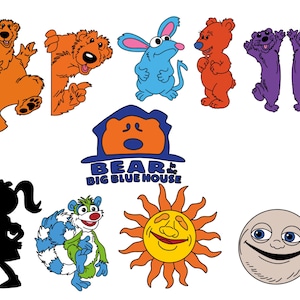 May include: A selection of cartoon characters from the children's TV show, Bear in the Big Blue House. The characters include Bear, Ojo, Treelo, Pip, and the Sun. The show's logo is also featured.