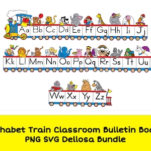 May include: A colorful alphabet train graphic featuring letters A through Z, each displayed in individual train cars. Each car is topped with a cartoon animal or object corresponding to the letter. The text reads Alphabet Train Classroom Bulletin Board PNG SVG Dellosa Bundle.