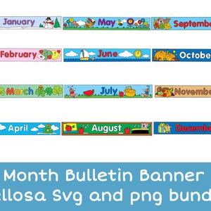 May include: A set of twelve rectangular month bulletin banners featuring seasonal illustrations and the text January, February, March, April, May, June, July, August, September, October, November, and December, plus the text Month Bulletin Banner Dellosa Svg and png bundle.