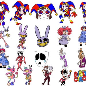 Puede incluir: Una colección de personajes de dibujos animados de "The Amazing Digital Circus". Los personajes incluyen bufones, un conejo, muñecas y otras figuras caprichosas. La paleta de colores es vibrante, con colores primarios y contornos audaces. El texto "The Amazing Digital Circus" también está presente.