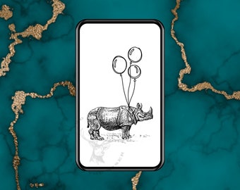 Greeting card. Rhino card. Balloons. Digital Card - Animated Card, E-card, ready to send instantly. Instant download. Congratulations.