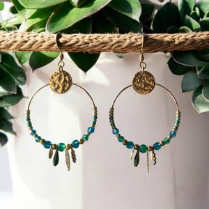 Boho chic stainless steel hoop earrings with green and blue gold beads and tassels - for women, young girls, teens - handmade
