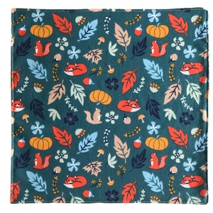 Serviette de table en coton doublée nid d'abeille personnalisable pour enfant école maternelle cantine rentrée scolaire renards/automne vert