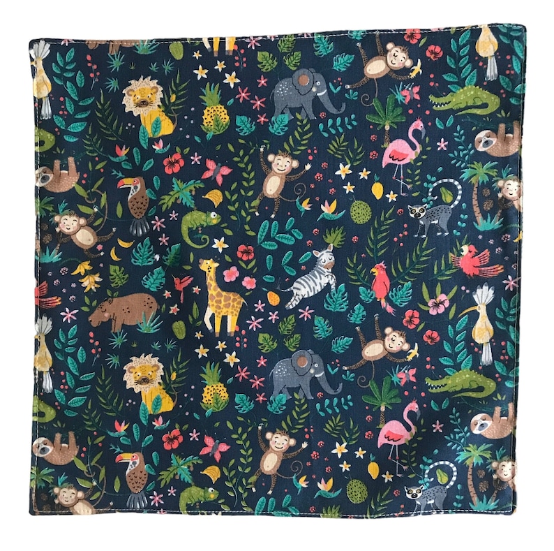 Serviette de table en coton doublée nid d'abeille personnalisable pour enfant école maternelle cantine rentrée scolaire animaux et feuillage