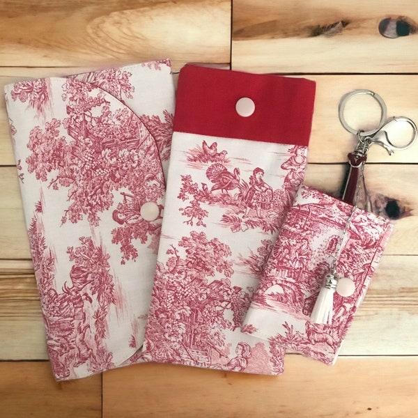 Lot pochettes et étui à lunettes toile de Jouy rouge pour femme personnalisable