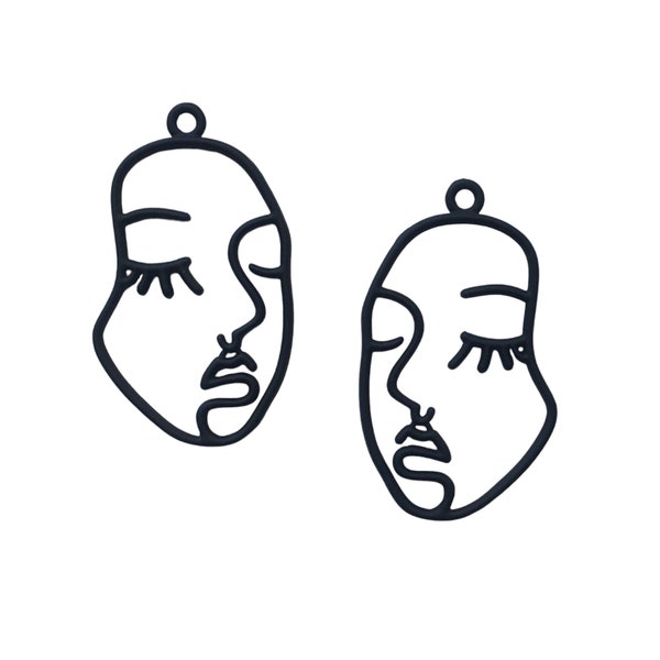 Lot de 2 breloques filigranes pendentifs pour création bijoux boucles d'oreilles visage abstrait noir