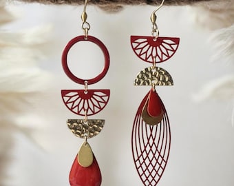 Original mismatched asymmetrical earrings in red and gold with stainless steel posts - for women and girls - handmade by a French designer
