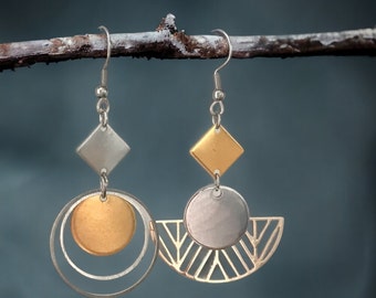 Mismatched asymmetrical silver and gold stainless steel earrings for women