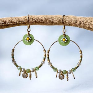 Boho chic hoop earrings in gold-plated stainless steel and lime green with pearls and tassels - for women, young girls, teens - handmade