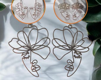 Boho chic trendy silver stainless steel abstract face earrings for women/girls - original - French designer