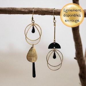 Trendy asymmetrical boho chic drop earrings - black or red and gold - for women or girls - French designer