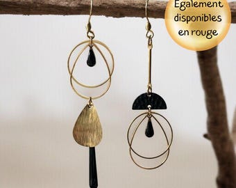 Orecchini pendenti boho chic asimmetrici alla moda - neri o rossi e oro - per donne o ragazze - designer francese